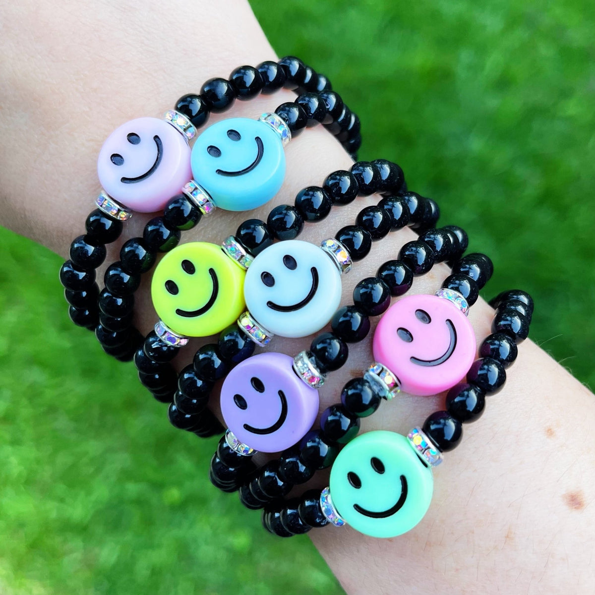 Large Smiley Face Bead Bracelet - Bling It On! Small Adult - 6.5 Inches / Light Blue